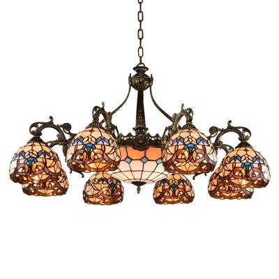 Brown Dome Hanging Lamp Tiffany Style Victorian Stained Glass Chandelier for Living Room Dining Room