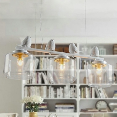 Clear Glass Cylindrical Island Light Nordic 3 Heads Pendant Lighting Fixture with Bird Decor in White