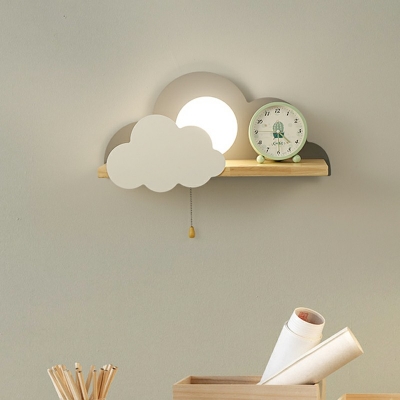 Cute Sun and Cloud Wall Light Wooden Single Light LED Sconce Light with White Globe Glass for Girls Bedroom