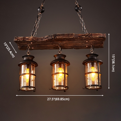 Industrial Wood Island Light Fixtures 3 Lights Lantern Ceiling Pendant for Bar