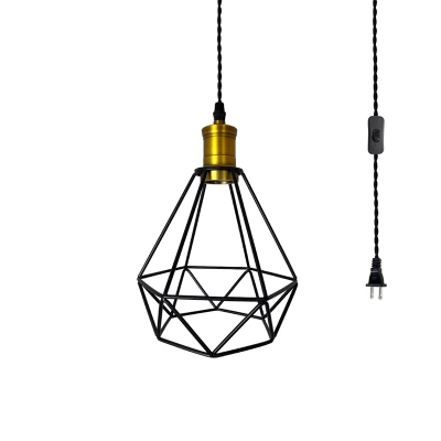 Iron Cage Black Pendant Industrial Living Room Diamond Form 1-Bulb Hanging Lamp