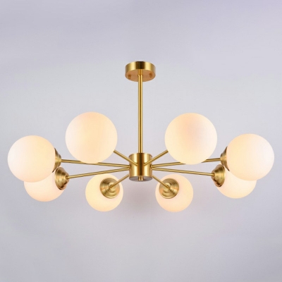 Modern Metallic Hanging Chandelier Light Opal Glass Shade Radial Bedroom Ceiling Chandelier in Gold