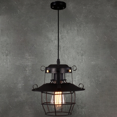 Retro Industrial Ceiling Fixture Circle Metal Ceiling Mount with 1 Light Cage Iron Shade Single Pendant for Living Room