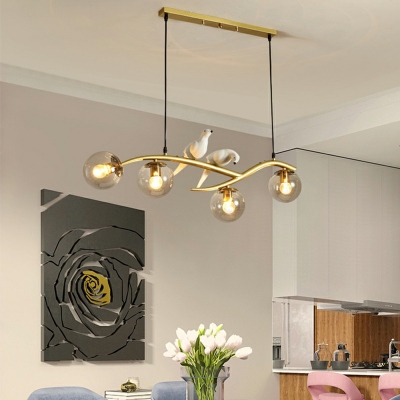 Sphere Dining Room Suspension Light Glass 4-Head Postmodern Island Lamp with Bird and Branch Decor