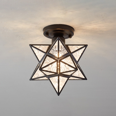 Star Metal Semi-Flushmount Light Colonial Style Triangle Glass 1-Head Ceiling Light