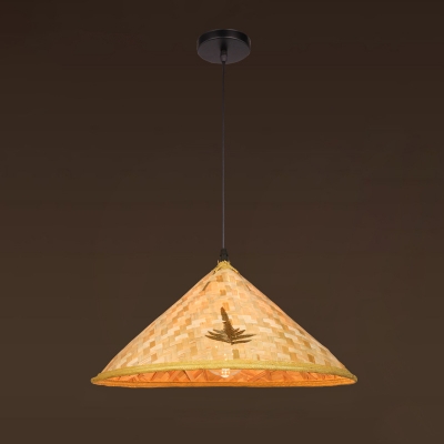 Straw Hat Suspension Light Chinese Bamboo in Wood 1-Light Restaurant Pendant Light Fixture