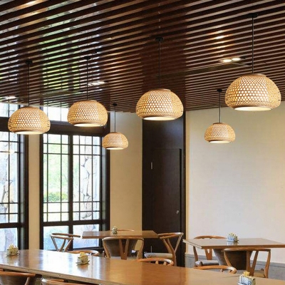 Traditional Asian Pendant Circle Ceiling Mount with 1 Light Bamboo Lantern Shade Single Pendant for Restaurant