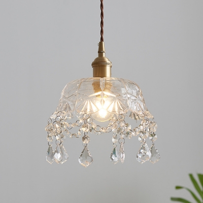 Vintage Hanging Light with Textured Glass Shade Single Light Pendant Lamp with Teardrop Shaped Crystal