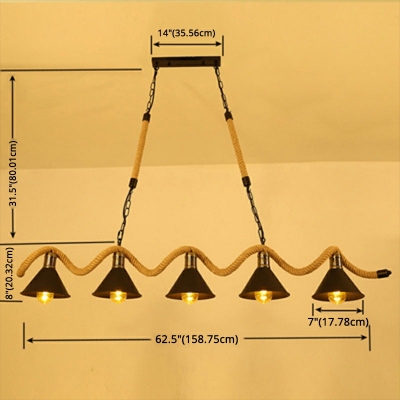 Wave-shaped Hemp Rope Island Lamp Industrial Retro Metal Saucer Shade Pendant Light for Bar in Black