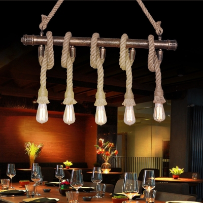 Beige Natural Rope Island Light Industrial Dining Room Metal 5 Bare Bulbs Island Pendant