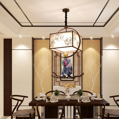 Black Ring Flowers Pattern Pendant Modern Restaurant Rectangle Fabric 3-Light Hanging Lamp