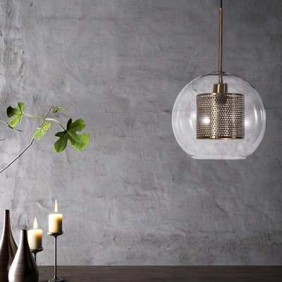 Clear Glass Ball Pendant Modern Living Room Bronze 1-Head Hanging Lamp