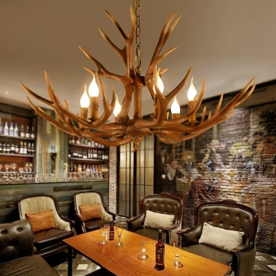 Dark Wood Antler Pendant Lighting 6 Lights with Candle Design Country Style Resin Chandelier