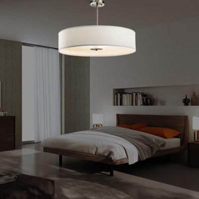 Drum Shade Modern Living Room Pendant White Fabric 1-Light Hanging Lamp