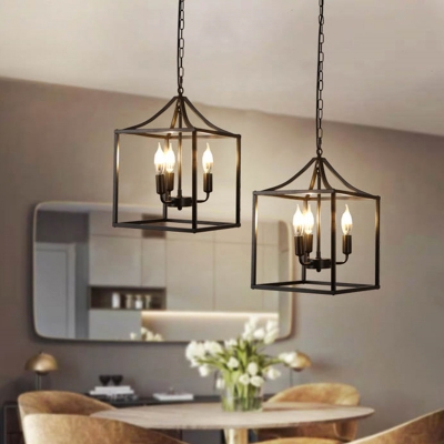 House Metal Frame Suspension Lighting Industrial Dining Room Black Candlestick 3-Light Chandelier