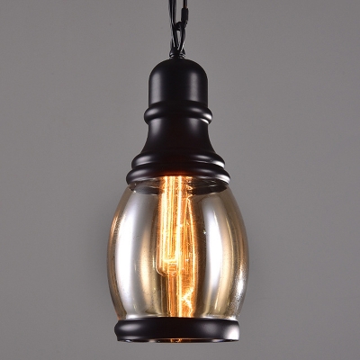 Industrial Living Room Amber Glass Shade Lantern Form Black Metal 1-Bulb Hanging Lamp
