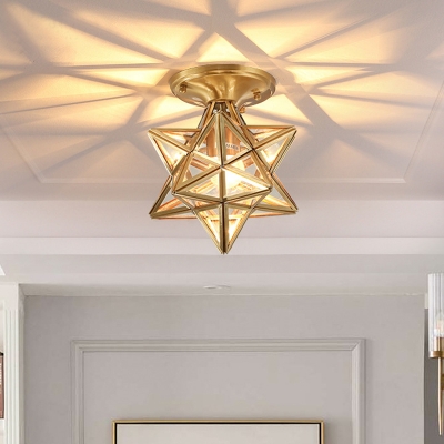 Metal Star Colonial Style Semi Flush Mount Glass Shade Brass 1-Bulb Ceiling Light