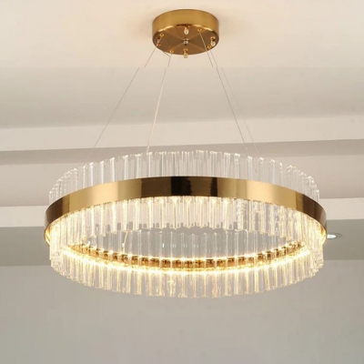 Modern Living Room Crystal Suspension Lighting Drum Shape LED Gold 1-Light Chandelier