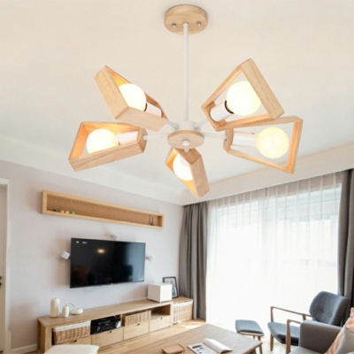 Modern Wood Trapezoid Hanging Chandelier Light Opal Glass Shade Ceiling Chandelier for Living Room
