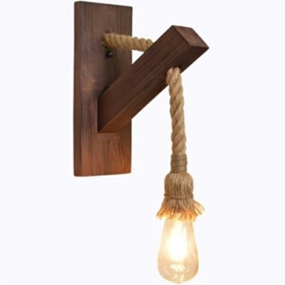 Natural Rope 1 Bare Bulb Wall Sconce Industrial Dark Wood Backplate Wall Lamp
