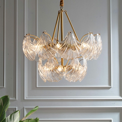 Ribbed Glass Shell Shade Suspension Light Modern Living Room Brass 2-Tier Chandelier
