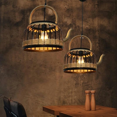 Tea Kettle Shaped Hanging Light 16 Inchs Wide Industrial Style 1-Light Suspended Lighting Fixture in Black