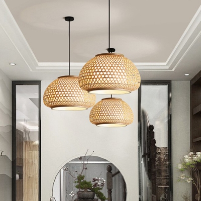 Traditional Asian Pendant Circle Ceiling Mount with 1 Light Bamboo Lantern Shade Single Pendant for Restaurant