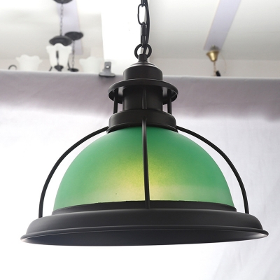 Vintage Dome Pendant with Ribbed Glass Single Head Suspended Light in Black Finish for Corridor Hallway