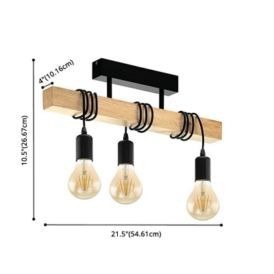 Wood Island Light Fixture Linear 3 Heads Rustic Pendant Lighting with Open Bulb Design
