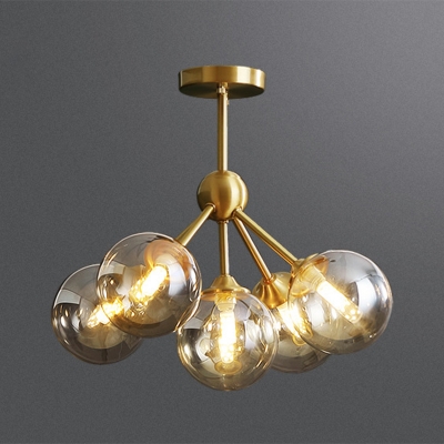 Amber Globe Glass Chandelier Light Contemporary LED Hanging Light Living Room 5 Bulbs Lighting Fixtures