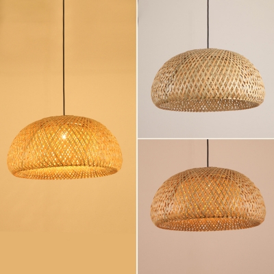 Bamboo Dome Ceiling Pendant Lamp Asian 1 Head Wooden Suspension Light for Hallway