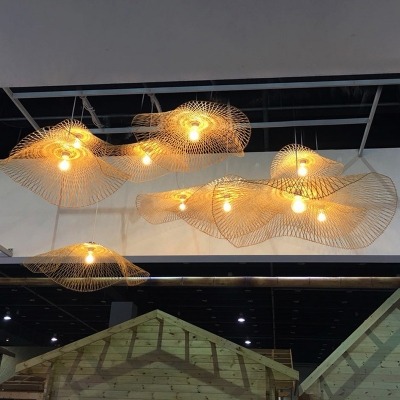 Bamboo Lotus Leaf Ceiling Light Modern Single Wood Hanging Pendant Light for Restaurant in Beige