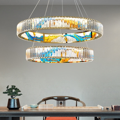 Blue-Gold Pattern LED Suspension Lighting Modern Living Room Circle Clear Crystal Chandelier