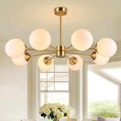 Brass Arm Modern Chandelier Milk White Glass Globe Shade 21.5 Inchs Height Living Room Restaurant Hanging Lamp