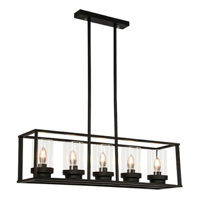 Candlestick Shape Island Light with Clear Glass Shade 5 Lights Rectangular Wrought Iron Cage Industrial Style Hanging Pendant