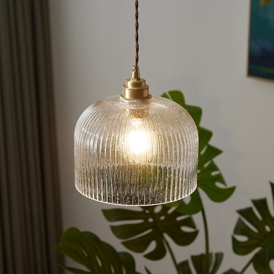 Clear Ripped Glass Shade Modern Living Room Pendant Metal Chain Dome Form 1-Bulb Hanging Lamp