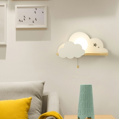 Cute Sun and Cloud Wall Light Wooden Single Light LED Sconce Light with White Globe Glass for Girls Bedroom