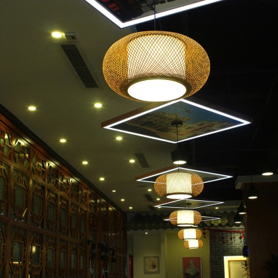 Cylinder Shade Asian Style Restaurant Pendant Beige Bamboo Cage 1-Head Hanging Lamp
