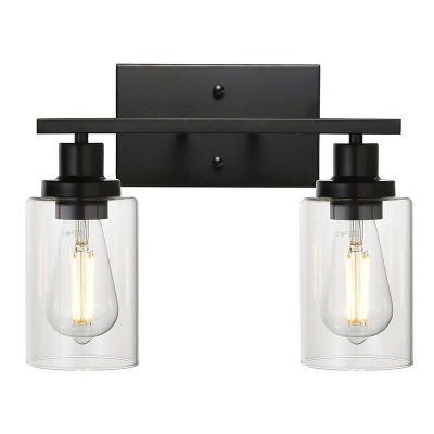 Cylindrical Clear Glass Vanity Lighting 2Heads Industrial Style Wall Lamp in Black for Bathroom