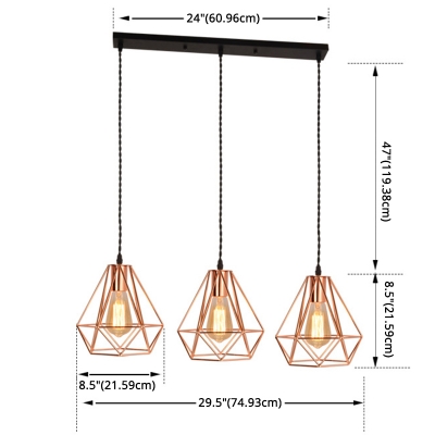 Dining Table Diamond Cage Pendant Light Metal Industrial Rose Gold Finish Hanging Light