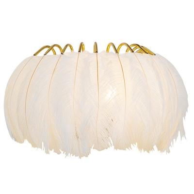 Feather Shade Nordic Wall Lamp Drum Shaped Metal Arm 1-Bulb Wall Sconce