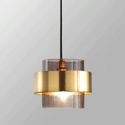 Gold Circle Detail Pendant Modern Living Room Glass Shade Cylinder 1-Bulb Hanging Lamp