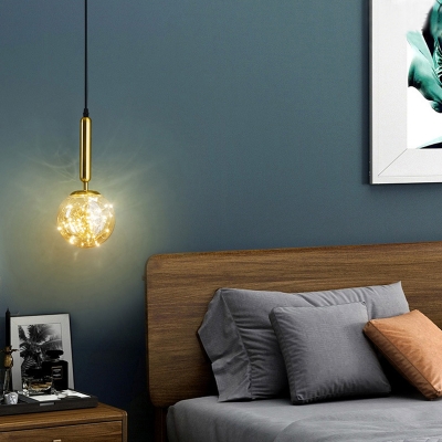 Gold Detail Modern Bedroom Pendant Ball Amber Glass Shade LED 1-Head Hanging Lamp