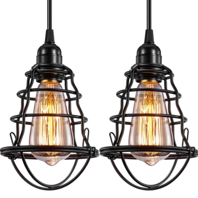 Industrial Pendant in Black Iron Cage Tower Form 1-Bulb Hanging Lamp for Living Room