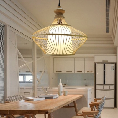 Jar Design Asian Style Restaurant Pendant Beige Bamboo Cage 1-Light Hanging Lantern