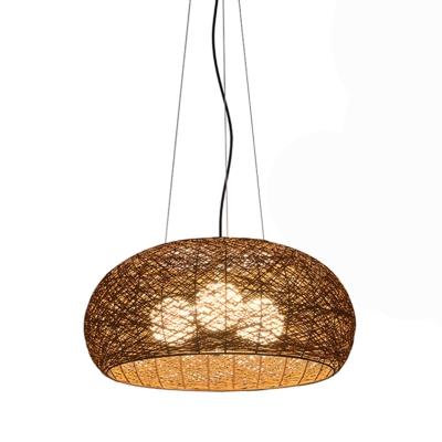 Retro Asian Ceiling Pendant with 3 Light Dome Bamboo Shade Circle Metal Mount Multi-Light Pendant Light for Bedroom