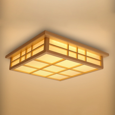 Square Study Room LED Flush Mount Light 18 Inchs Wide Wood Contemporary Ceiling Lamp in Stepless Dimming
