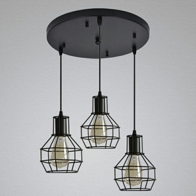 Vintage Industrial Style Three Light Cage LED Multi Light Pendant Light in Black Finish for Restaurant