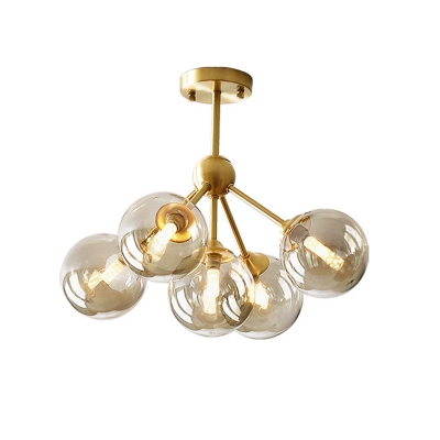 Amber Globe Glass Chandelier Light Contemporary LED Hanging Light Living Room 5 Bulbs Lighting Fixtures