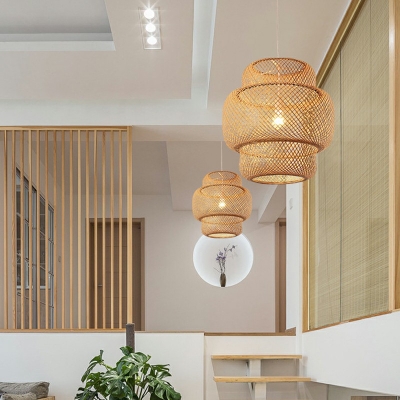 Asian Style Bamboo Hanging Light Wooden Single Bulb Ceiling Suspension Lamp for Cafe Shop